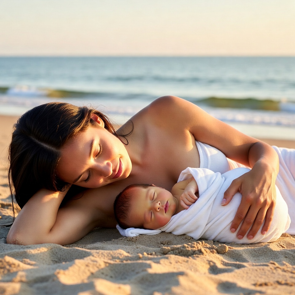 Mother cradling newborn on beach Mother cradling newborn on beach