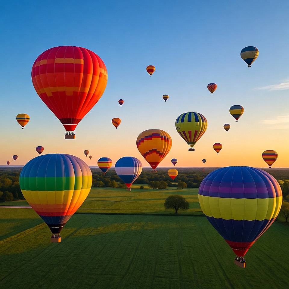 Colorful Hot Air Balloons Over Green Fields Colorful Hot Air Balloons Over Green Fields