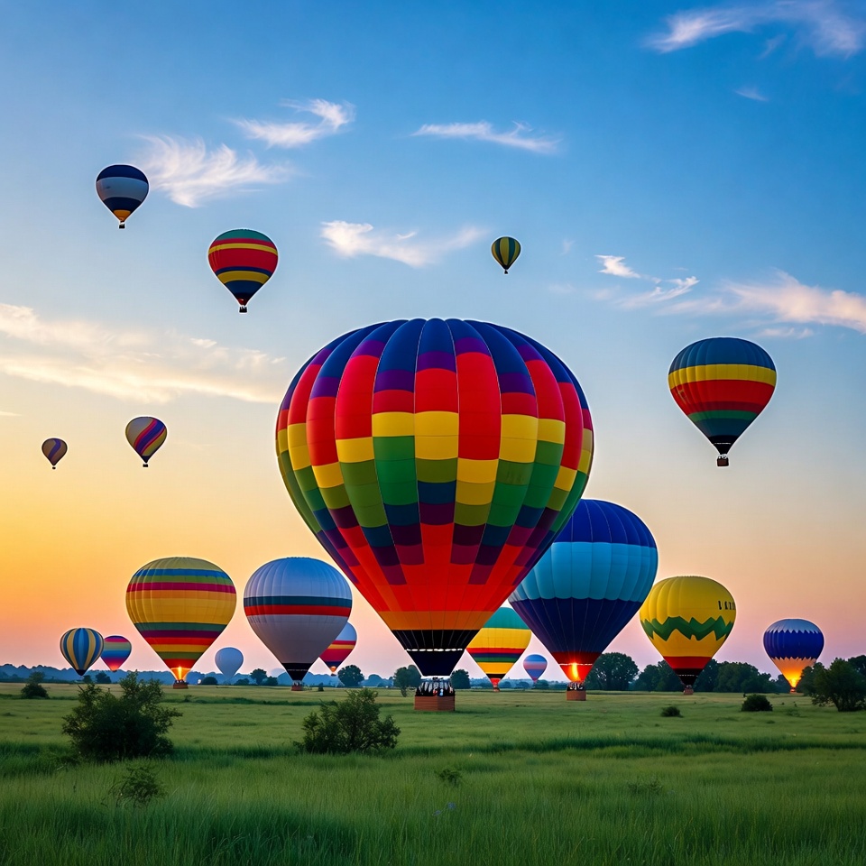 Colorful Hot Air Balloons Over Grass Field Colorful Hot Air Balloons Over Grass Field