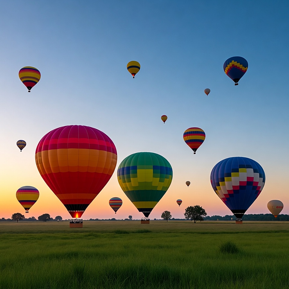 Colorful Hot Air Balloons Over Field Colorful Hot Air Balloons Over Field