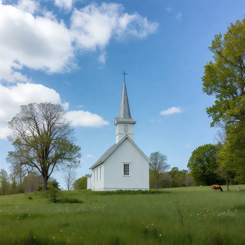 White Steepled Church in Green Field White Steepled Church in Green Field