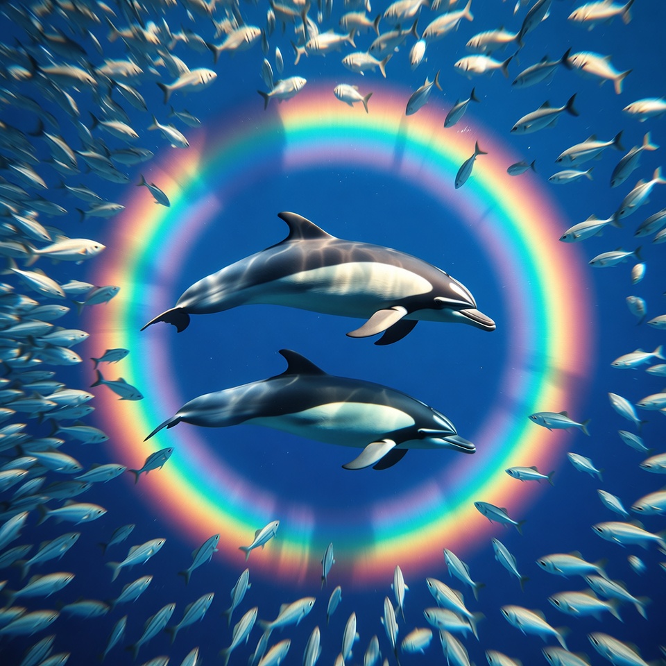 Dolphins with Rainbow in Fish School Dolphins with Rainbow in Fish School