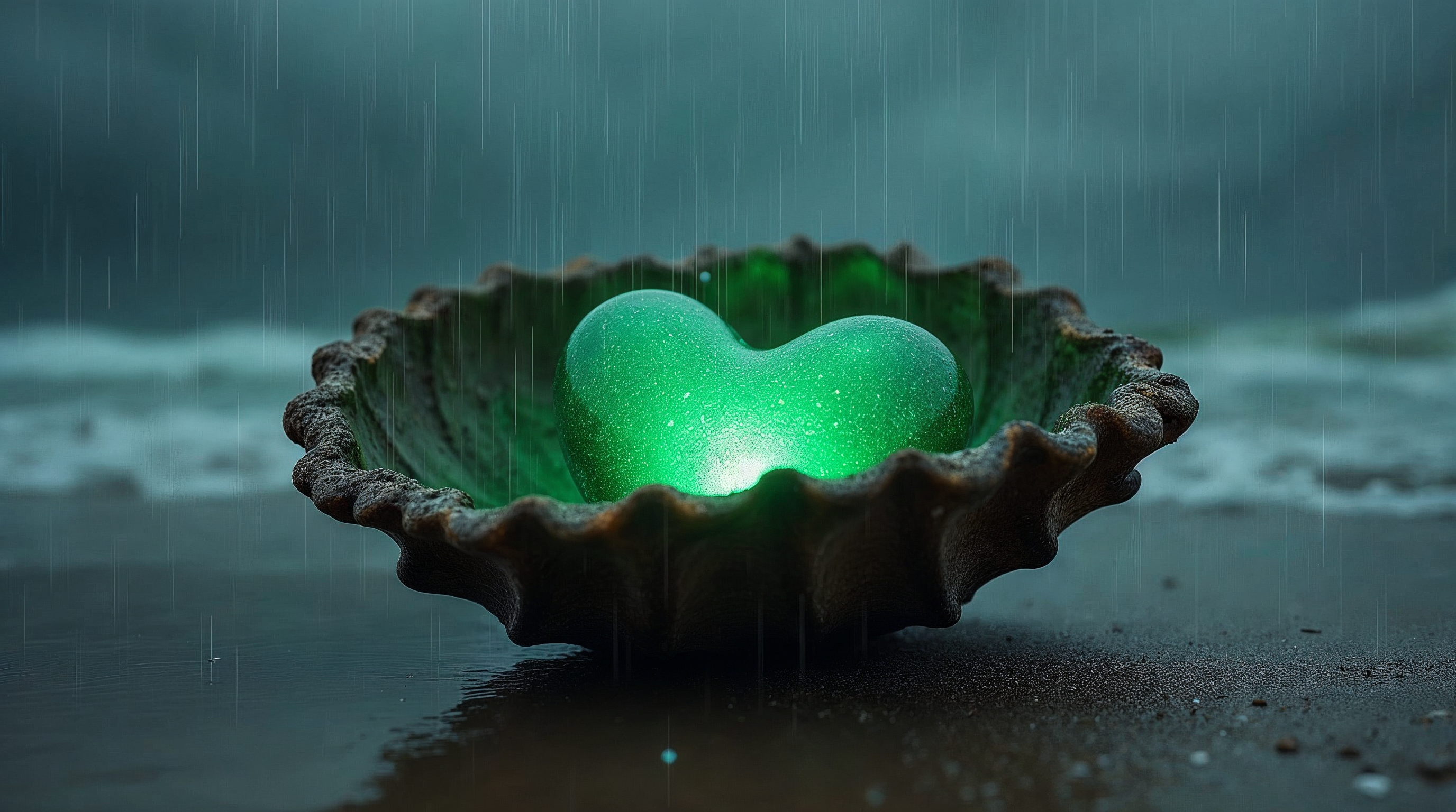 Glowing Green Heart in Seashell Glowing Green Heart in Seashell