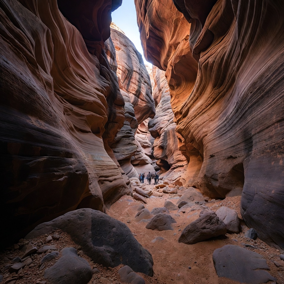 Hikers in Narrow Slot Canyon Hikers in Narrow Slot Canyon