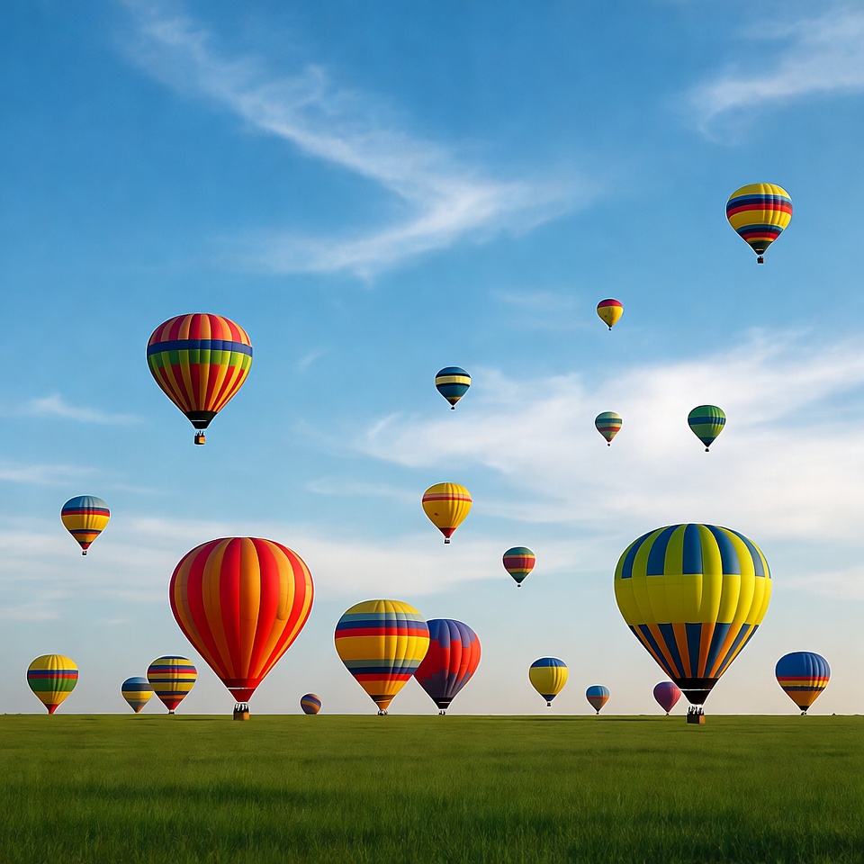 Colorful Hot Air Balloons Over Green Field Colorful Hot Air Balloons Over Green Field