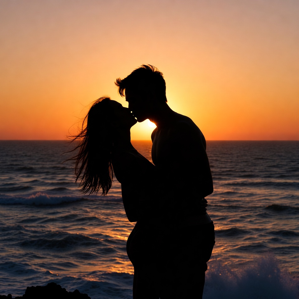 Silhouette couple kissing at sunset beach Silhouette couple kissing at sunset beach