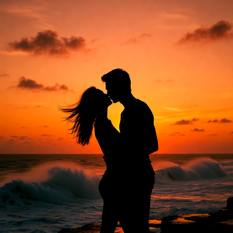 Silhouette couple kissing at sunset beach Silhouette couple kissing at sunset beach