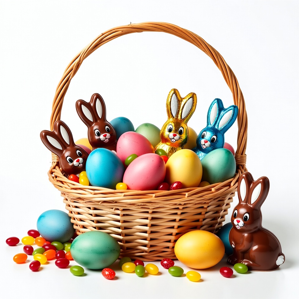 Easter Basket with Chocolate Bunnies and Eggs Easter Basket with Chocolate Bunnies and Eggs