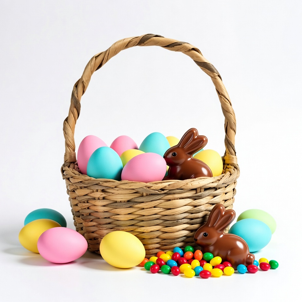 Easter basket with colorful eggs and bunnies Easter basket with colorful eggs and bunnies