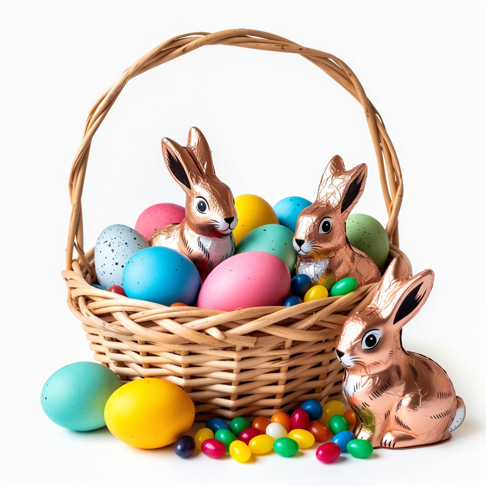 Easter basket with chocolate bunnies and eggs Easter basket with chocolate bunnies and eggs