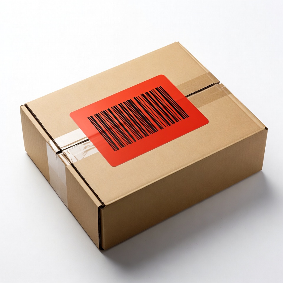Cardboard box with red barcode label Cardboard box with red barcode label