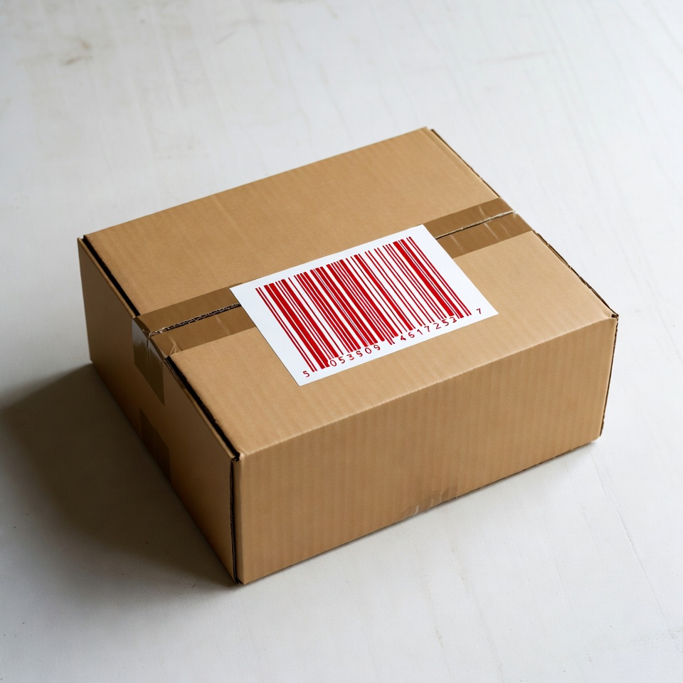 Cardboard box with red barcode Cardboard box with red barcode
