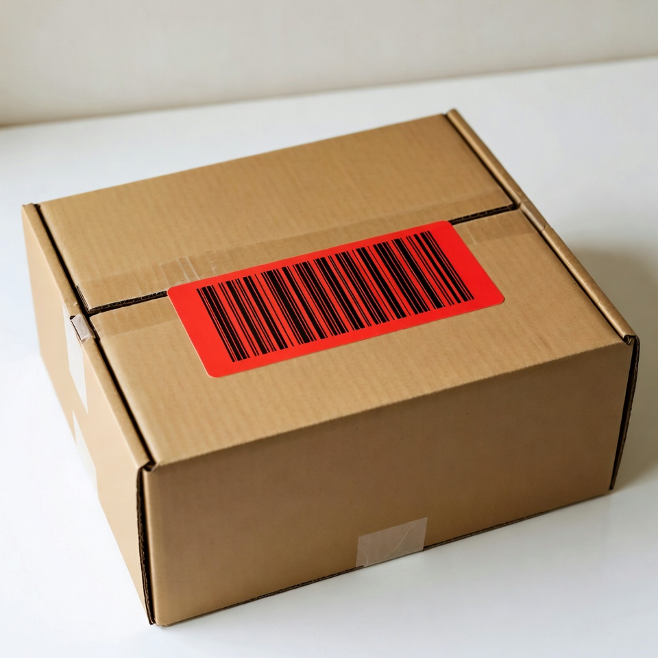 Cardboard box with red barcode label Cardboard box with red barcode label