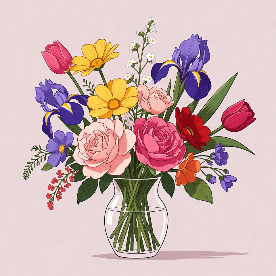 Colorful Flowers Bouquet in Glass Vase Colorful Flowers Bouquet in Glass Vase