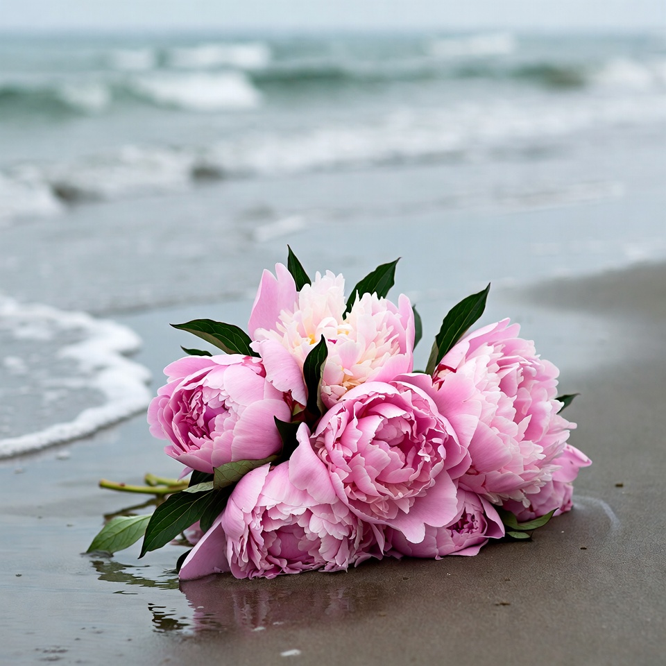 Pink peonies bouquet on beach Pink peonies bouquet on beach