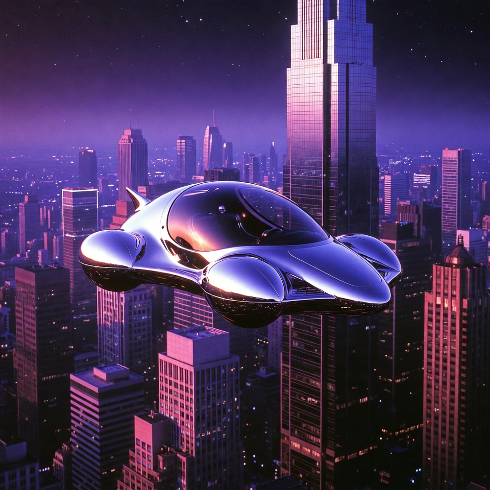 Futuristic Flying Car Over City Skyline Futuristic Flying Car Over City Skyline