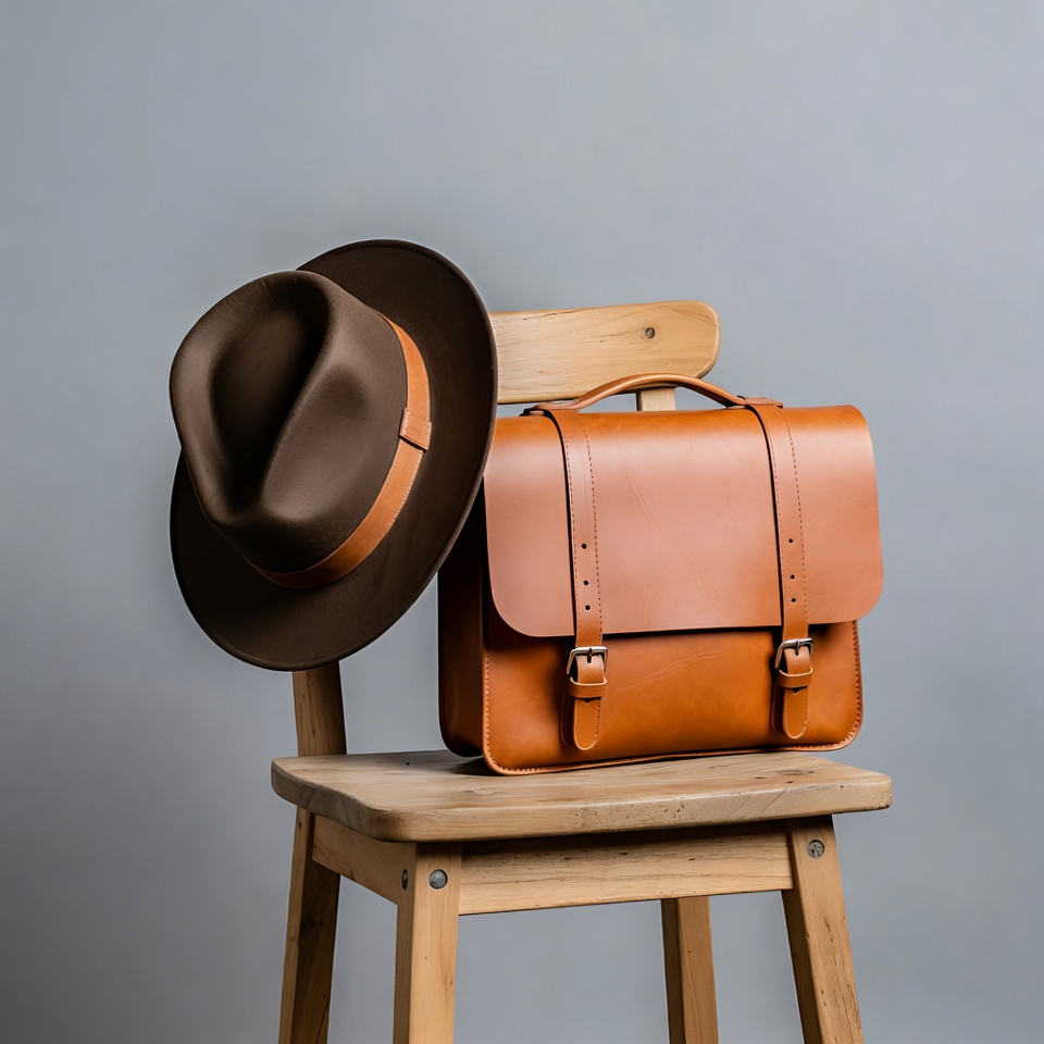 Brown Fedora Hat on Leather Satchel Brown Fedora Hat on Leather Satchel
