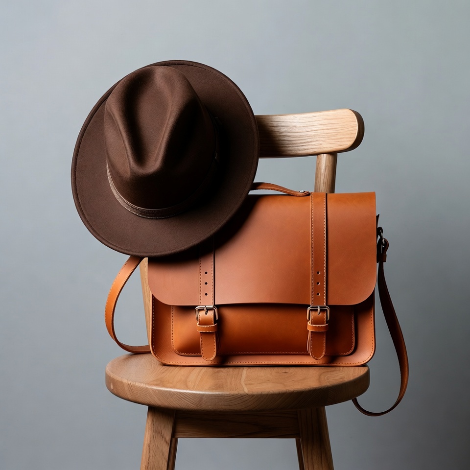 Brown Fedora Hat on Leather Satchel Brown Fedora Hat on Leather Satchel