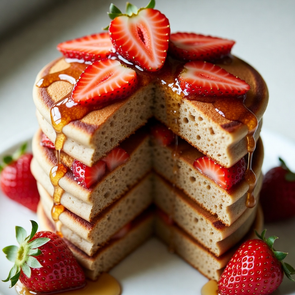 Stack of Pancakes with Strawberries and Syrup Stack of Pancakes with Strawberries and Syrup