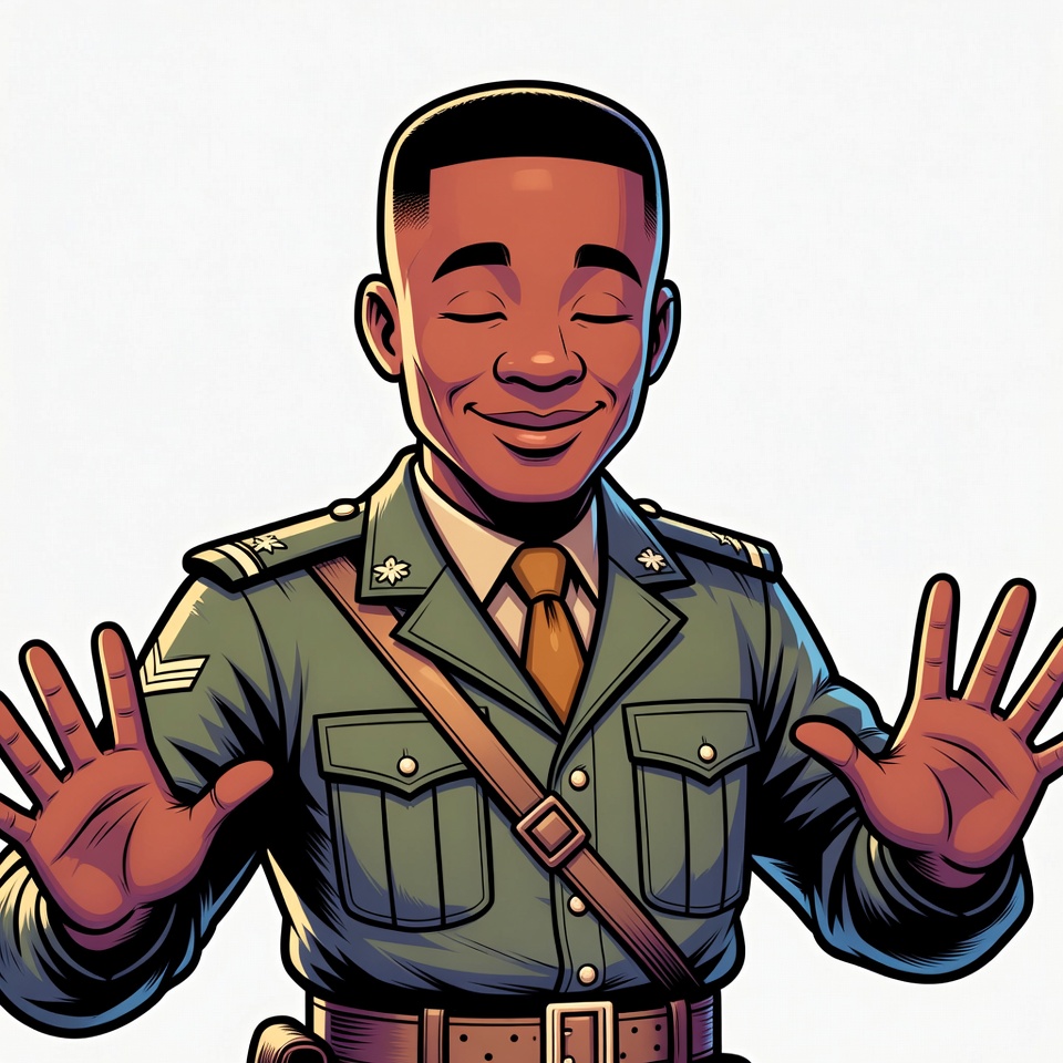 African-American man in military uniform raising hands African-American man in military uniform raising hands