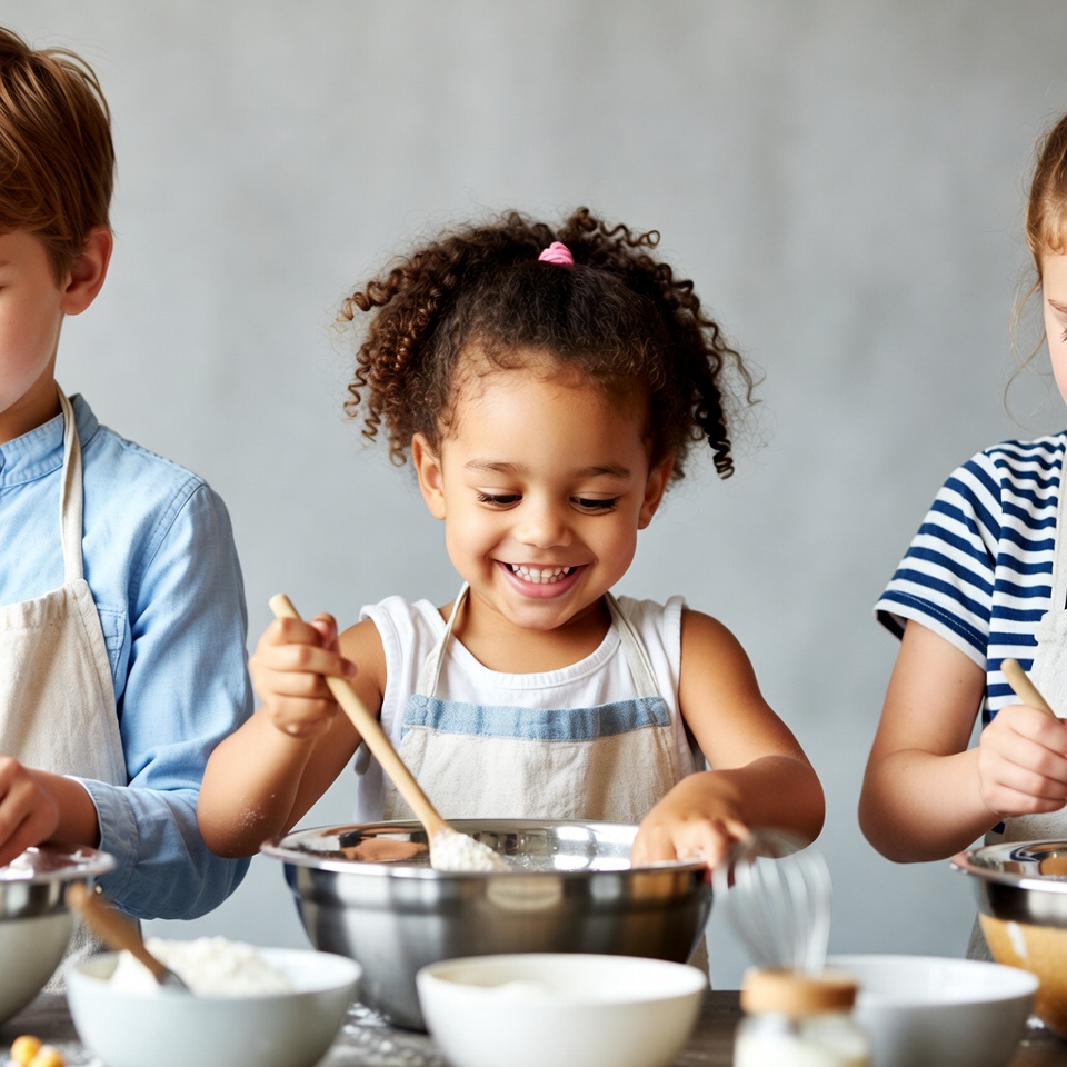 Three kids baking with bowls and spoons Three kids baking with bowls and spoons