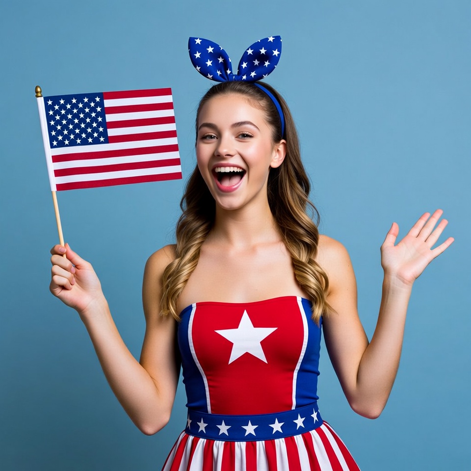 Girl holding American flag with bunny ears Girl holding American flag with bunny ears