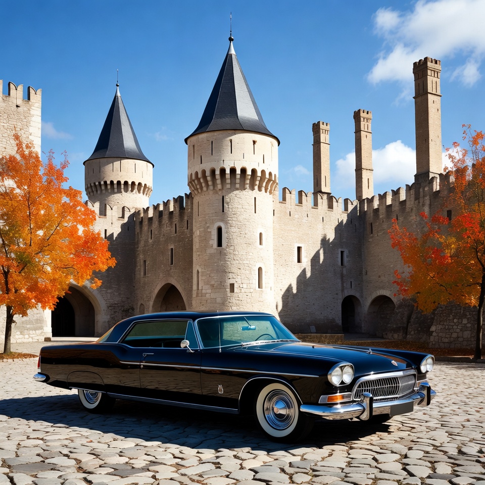 Classic Black Car Parked Before Medieval Castle Classic Black Car Parked Before Medieval Castle