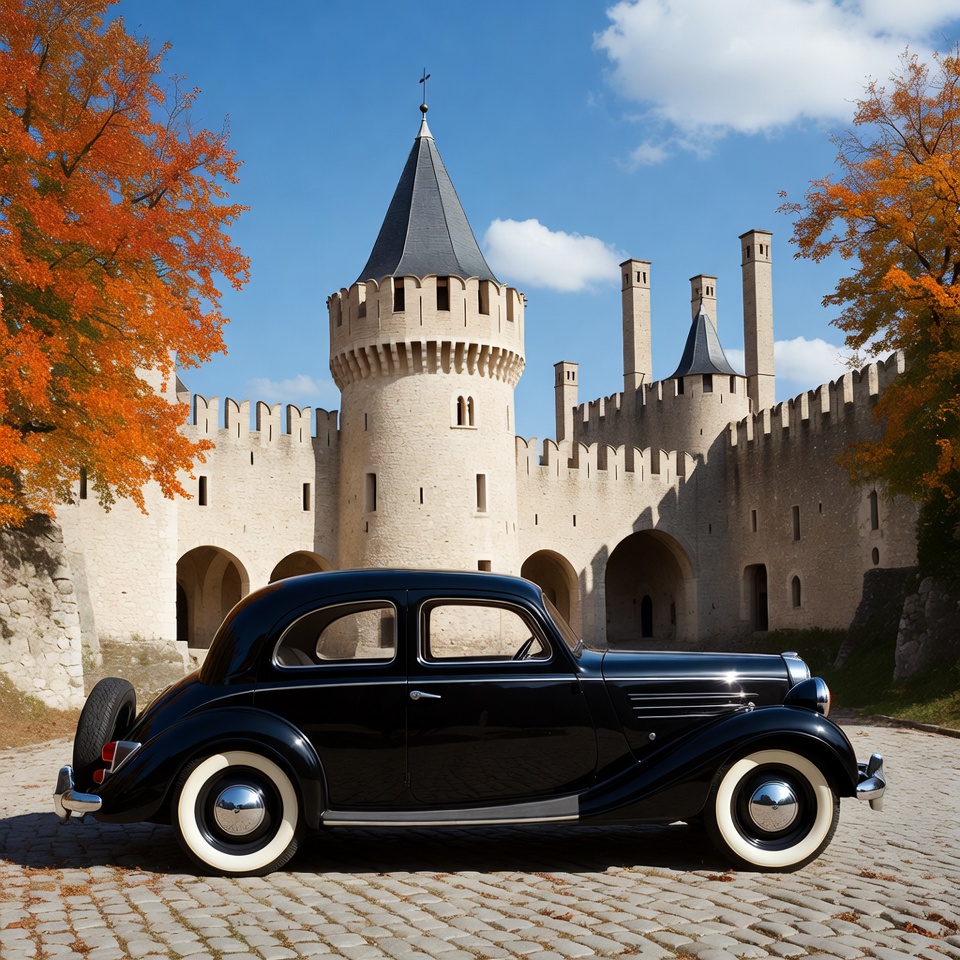 Vintage Black Car at Medieval Castle Vintage Black Car at Medieval Castle