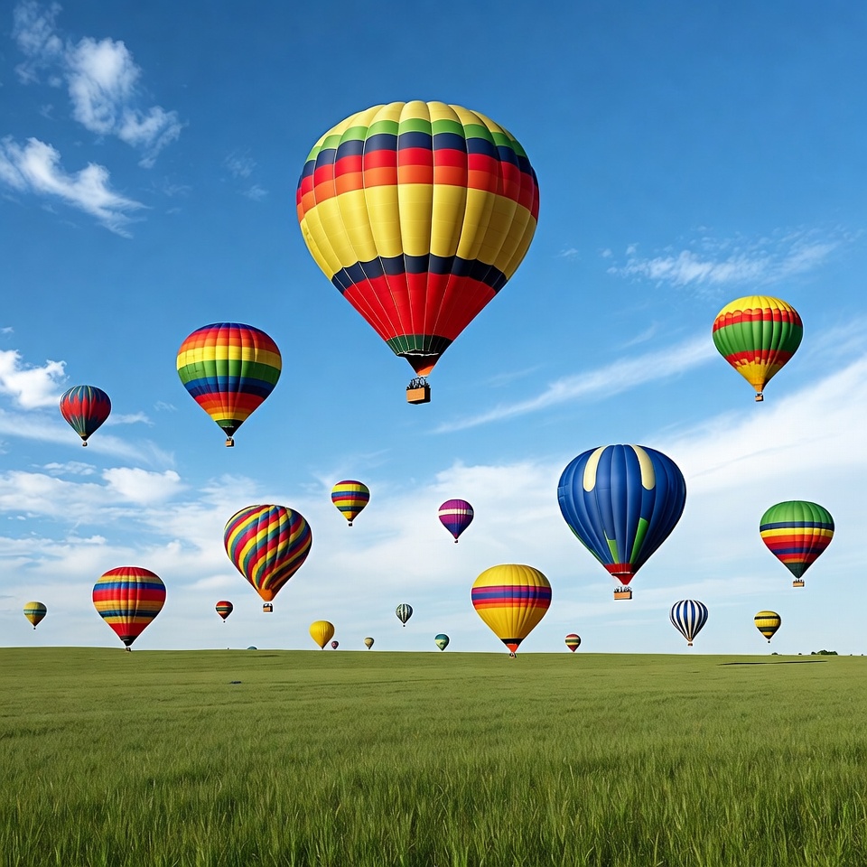 Colorful Hot Air Balloons Over Green Field Colorful Hot Air Balloons Over Green Field