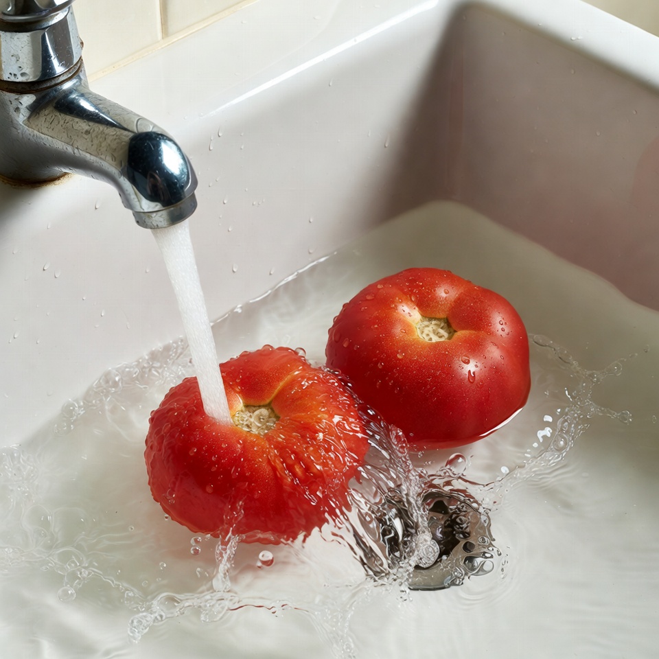 Tomatoes Washing Under Faucet in Sink Tomatoes Washing Under Faucet in Sink