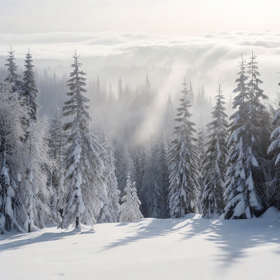 Snowy Pine Forest with Fog and Sunlight Snowy Pine Forest with Fog and Sunlight