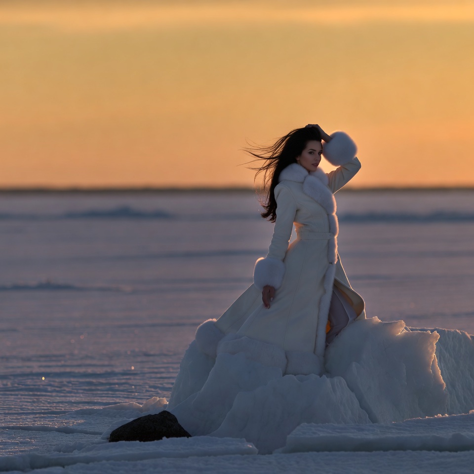 Woman in white fur coat on ice sunset Woman in white fur coat on ice sunset