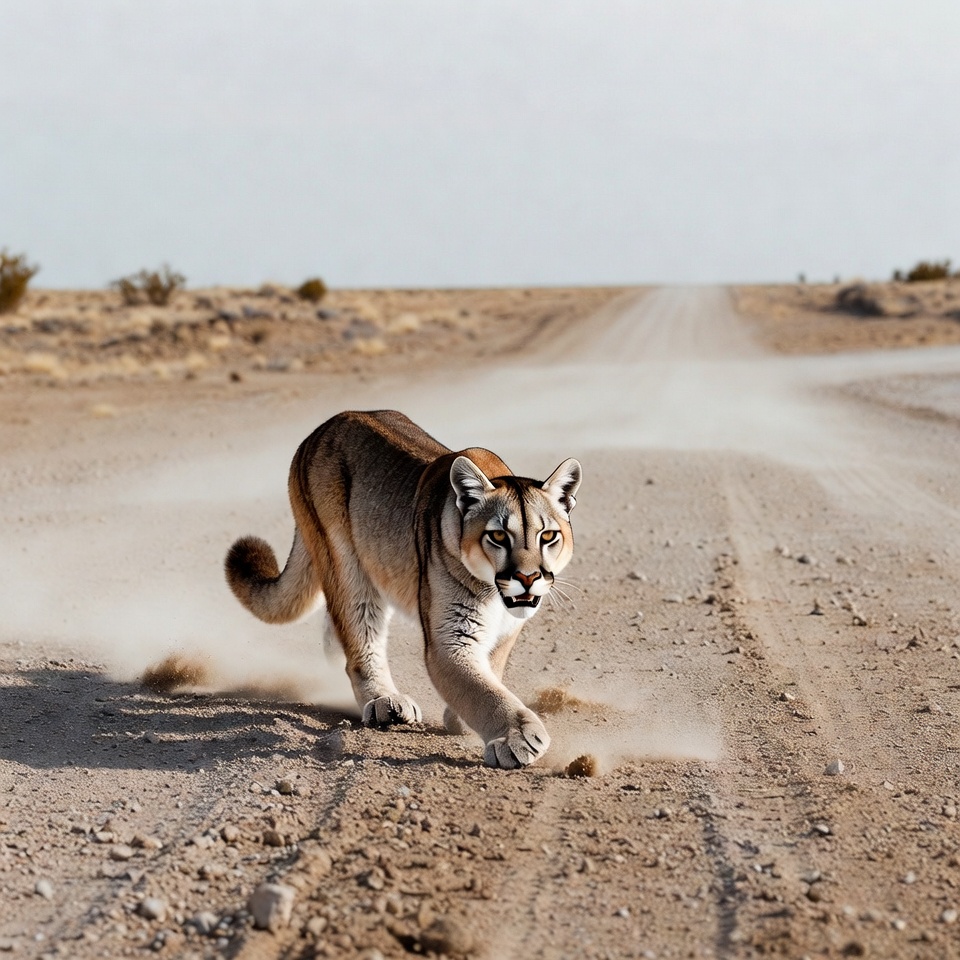 Mountain Lion Running on Desert Road Mountain Lion Running on Desert Road