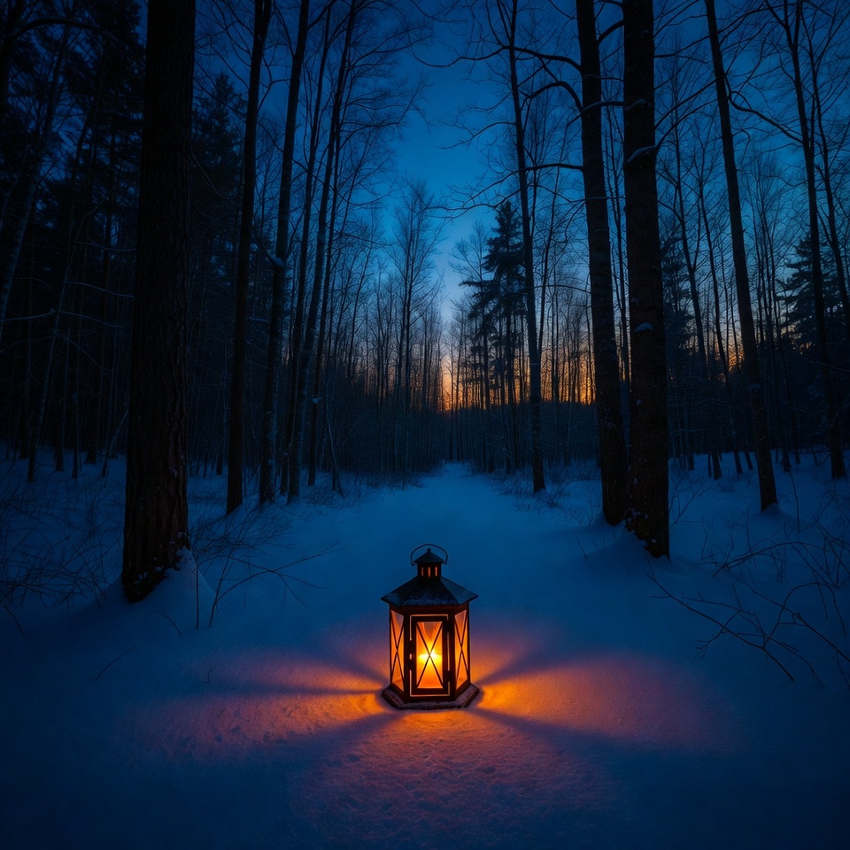 Lantern glowing in snowy forest path Lantern glowing in snowy forest path