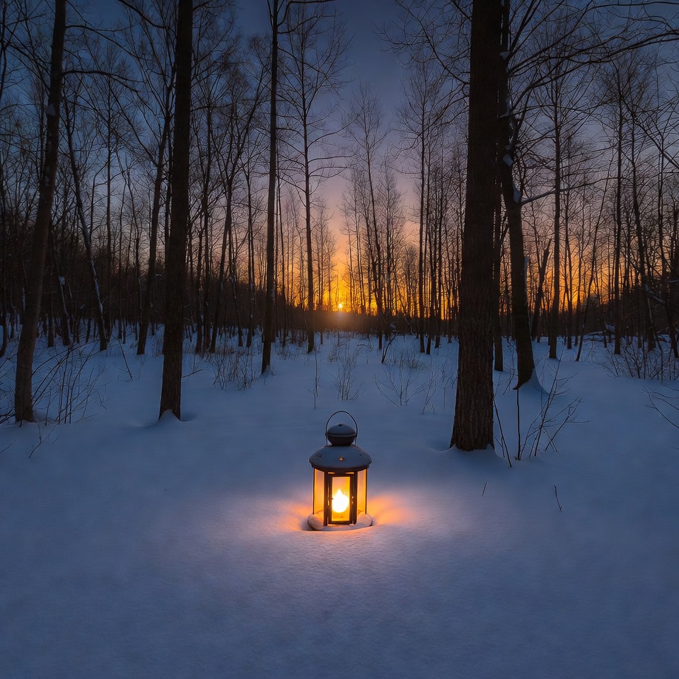 Lantern in Snowy Forest Sunset Lantern in Snowy Forest Sunset