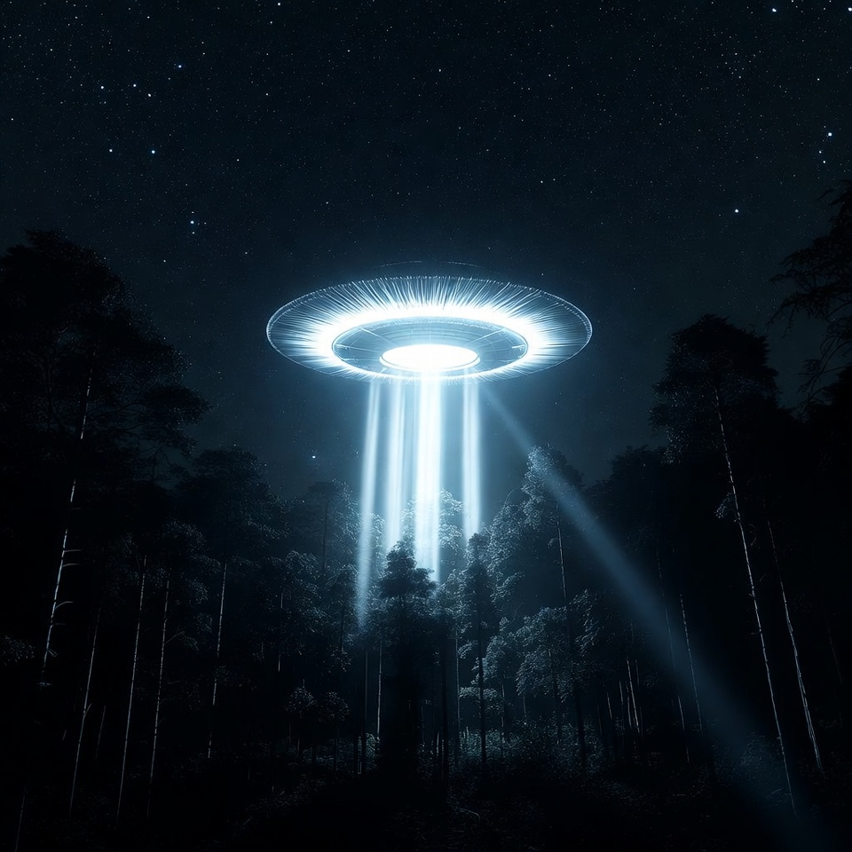 UFO beaming light over forest UFO beaming light over forest