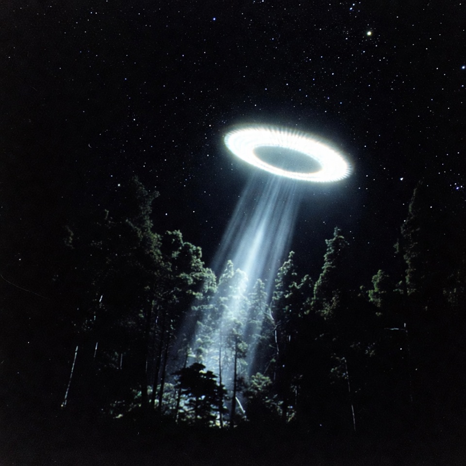 UFO beaming light over trees UFO beaming light over trees