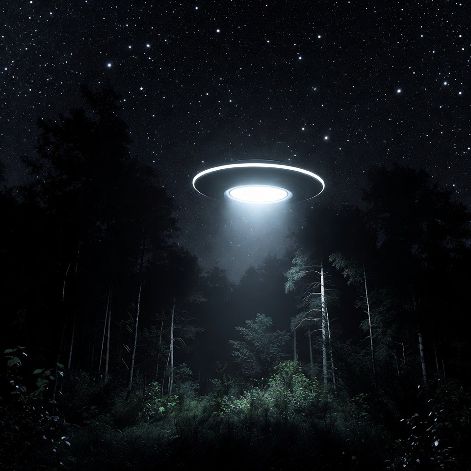 UFO hovering over dark forest UFO hovering over dark forest