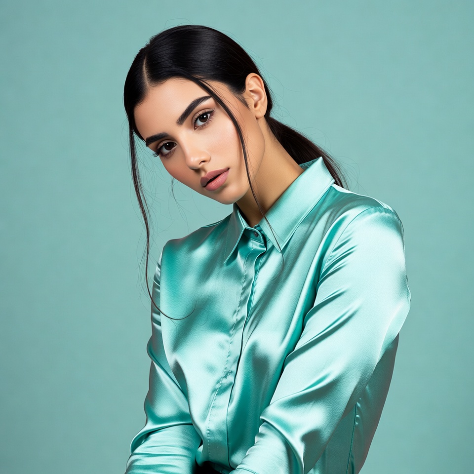 Woman in turquoise satin shirt Woman in turquoise satin shirt