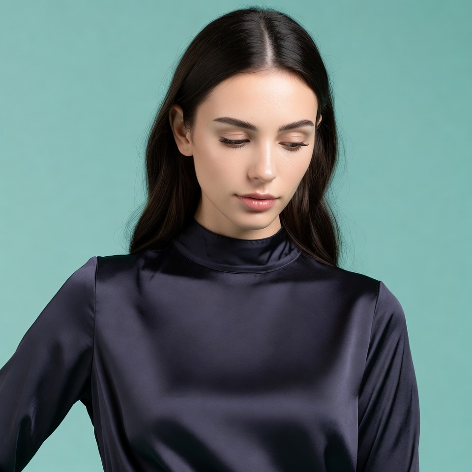 Woman in navy turtleneck blouse Woman in navy turtleneck blouse