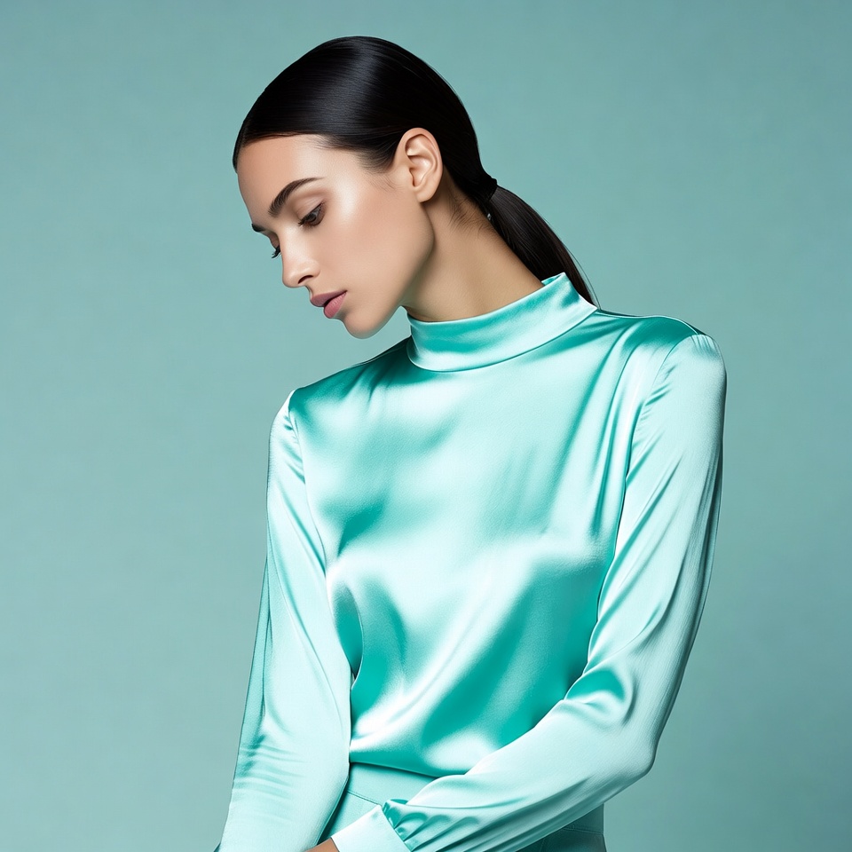 Woman in teal satin blouse profile Woman in teal satin blouse profile