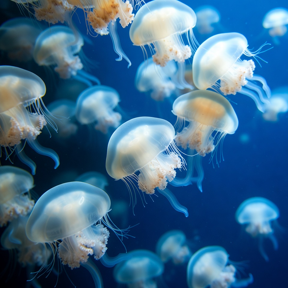 Swarm of jellyfish in deep blue ocean Swarm of jellyfish in deep blue ocean