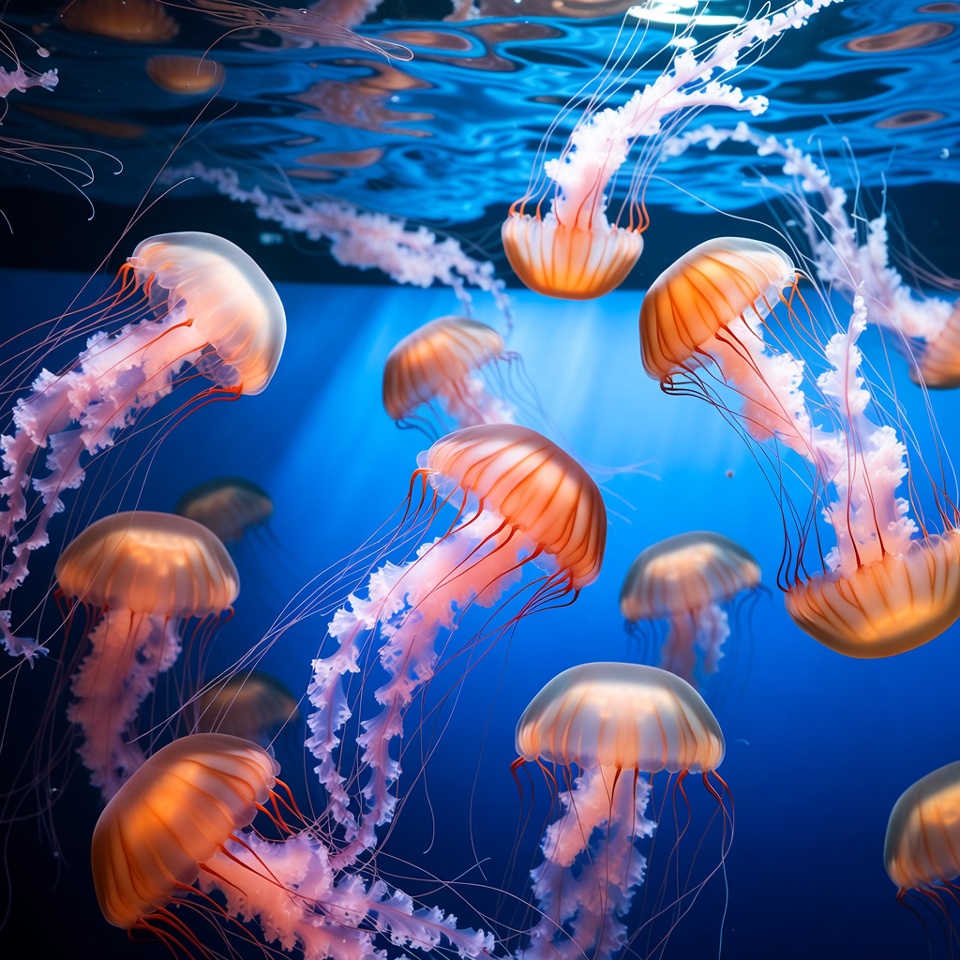 Orange Jellyfish Swimming in Blue Water Orange Jellyfish Swimming in Blue Water