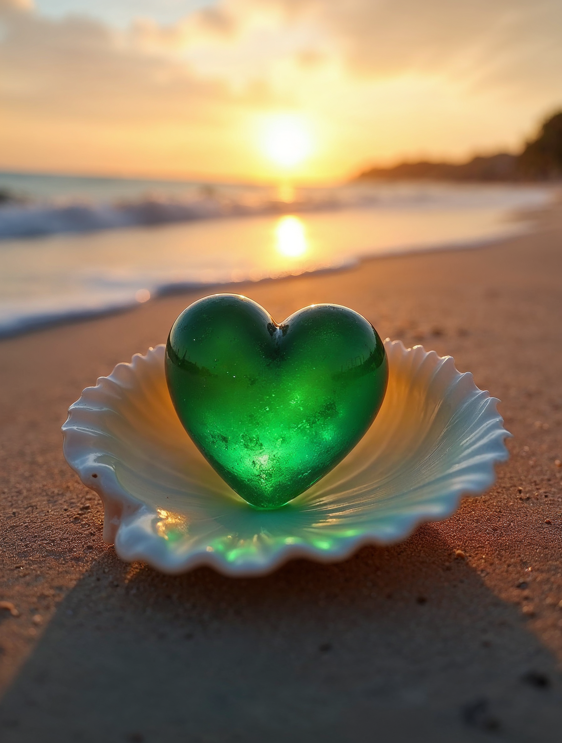 Green Glass Heart in Seashell on Beach Green Glass Heart in Seashell on Beach