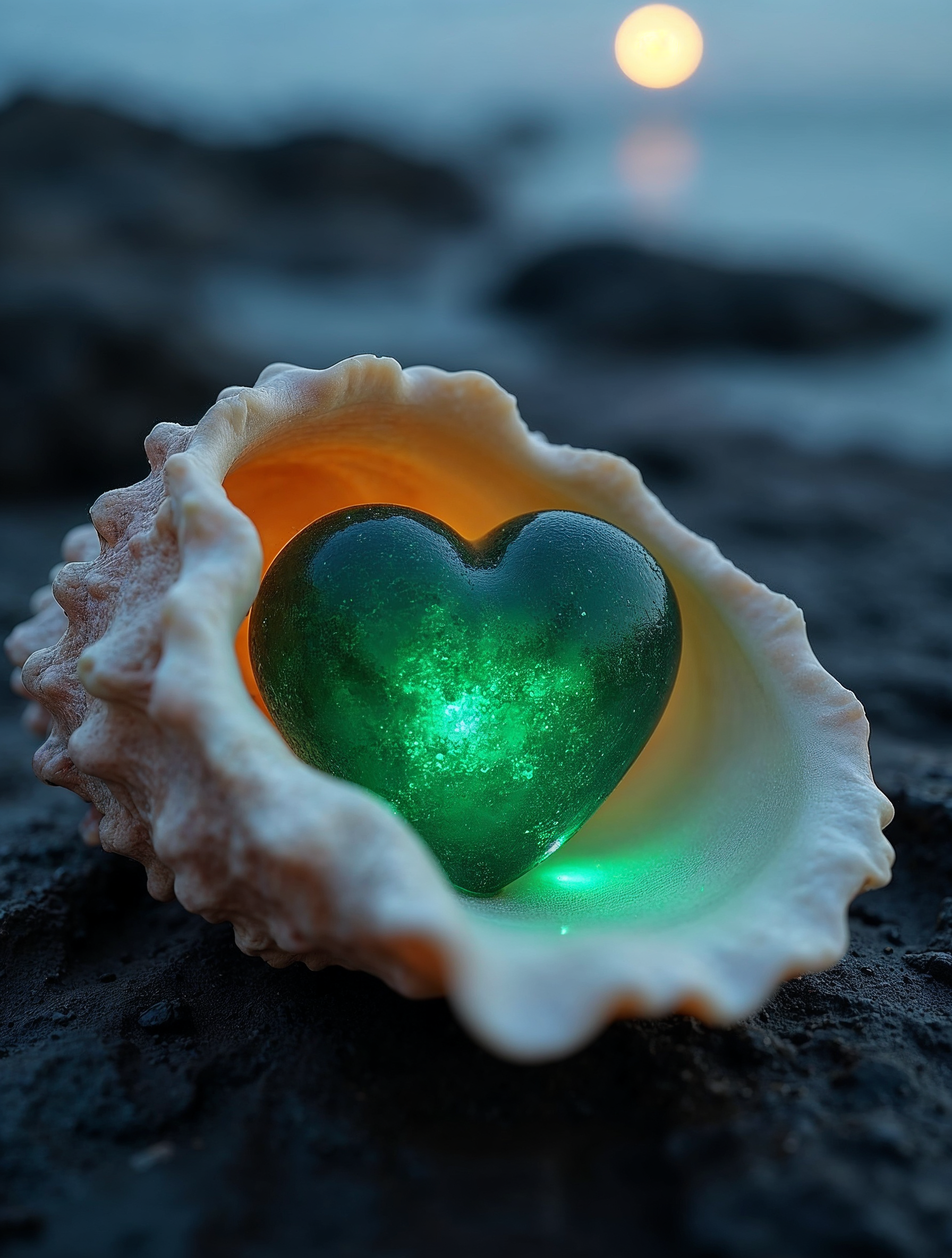 Green heart in seashell on beach Green heart in seashell on beach