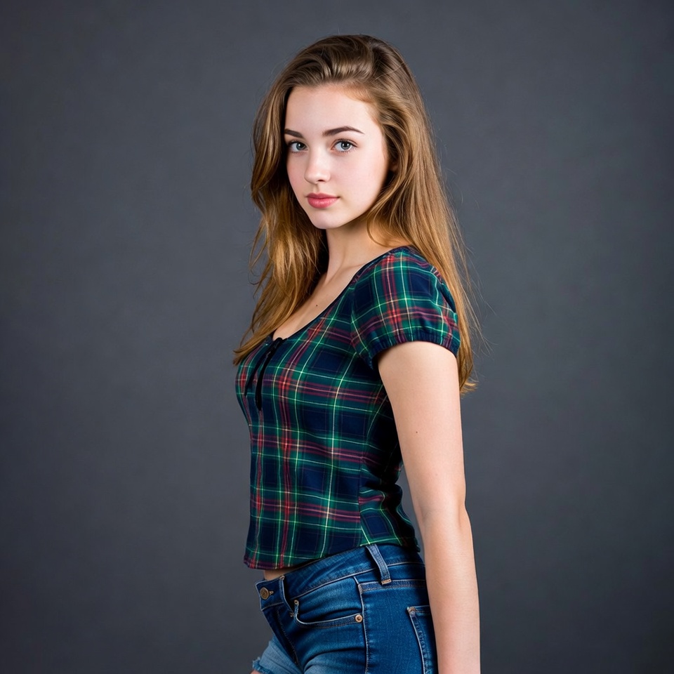 Teen girl in plaid shirt and jeans Teen girl in plaid shirt and jeans