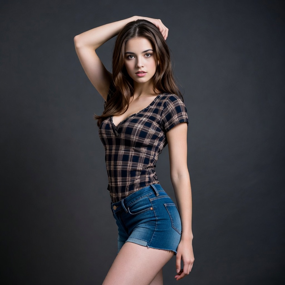 Woman posing in plaid top and denim shorts Woman posing in plaid top and denim shorts