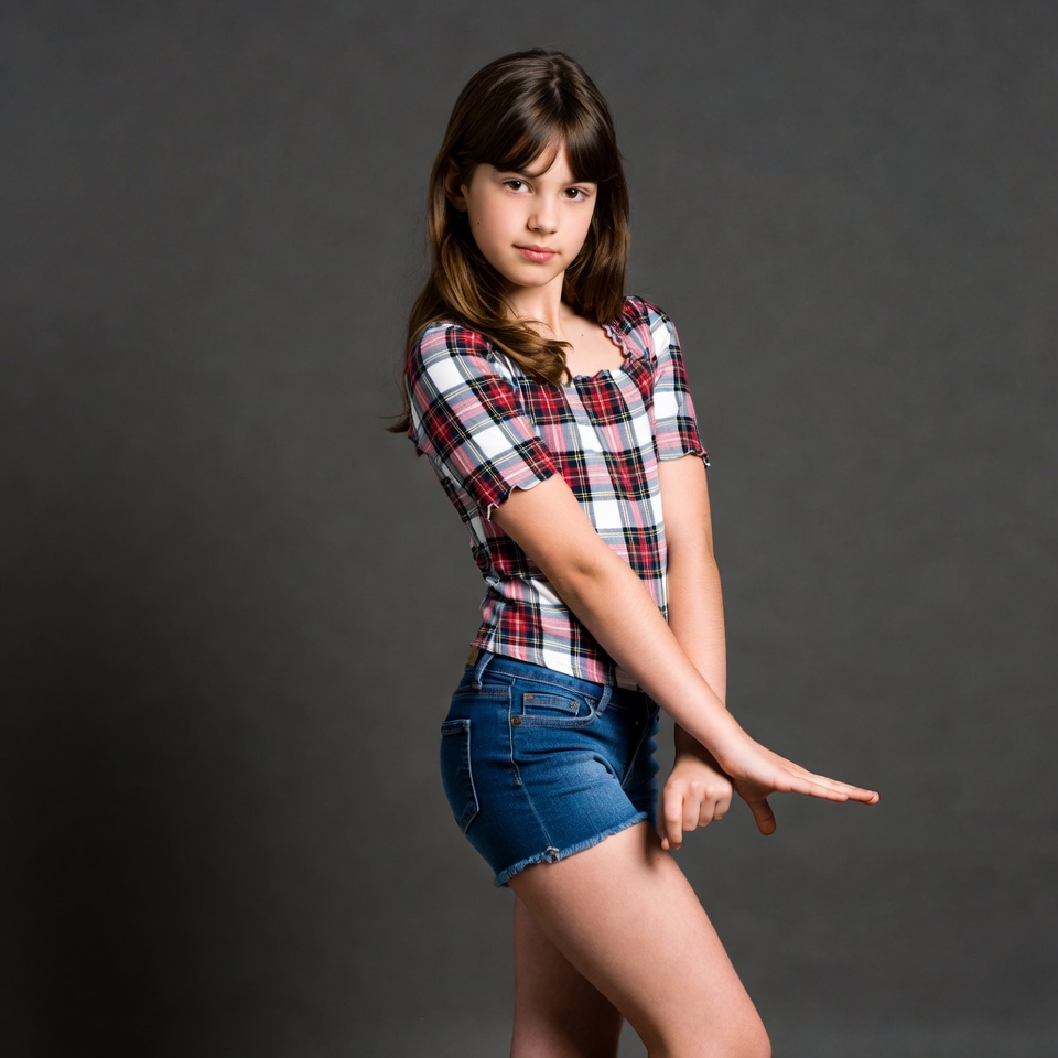 Girl pointing in plaid shirt and shorts Girl pointing in plaid shirt and shorts