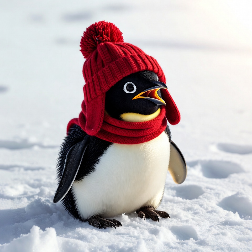 Penguin wearing red knit hat scarf Penguin wearing red knit hat scarf