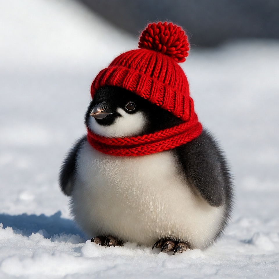 Baby penguin wearing red knit hat Baby penguin wearing red knit hat